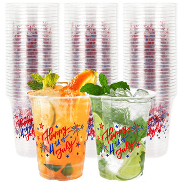 Whaline 50Pcs Patriotic Disposable Cups 12oz 4th of July Party Cups Red Blue Star Firework Clear Plastic Glasses for Independence Day Coffee Juice Hot Cold Drinks Graduation Party Supplies